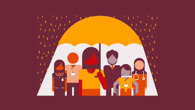 An illustration of many people being sheltered under one very large umbrella