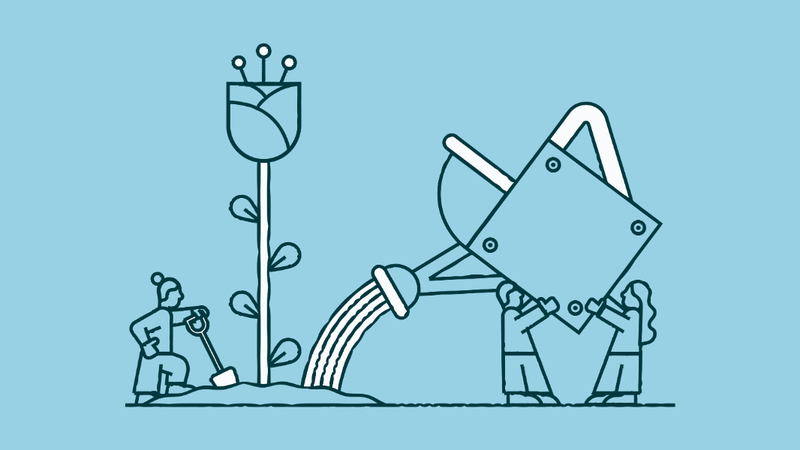 Pale blue background, with an image of two people holding up up a watering can, pouring water on a rose.