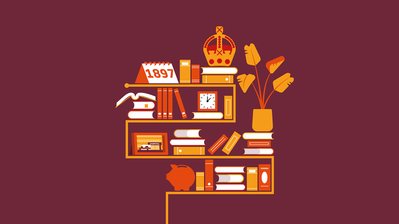 An orange-yellow timeline making up four shelves. On the shelves are a range of books, some of them neatly stacked, others opened as if they're being read, some leaning against one another. On the top shelf is a calendar which reads, '1897'.