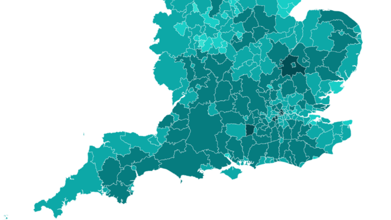 A close up of a map indicating differences in life expectancy across different areas.