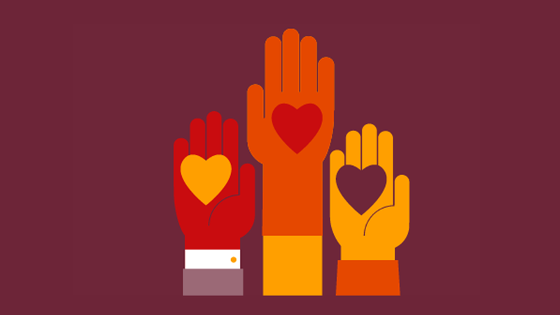 An illustration of three hands facing palm up, each with holding an illustration on a heart