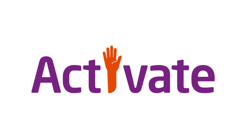 Purple text saying 'Activate' with the I being replaced by an orange hand