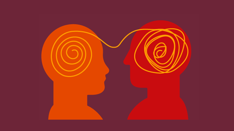 An illustration of two people with connecting thoughts