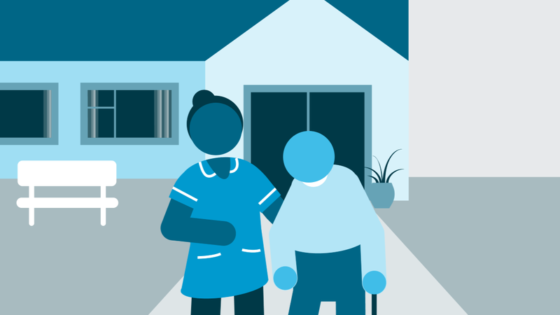A health care working and a senior citizen in front of a home