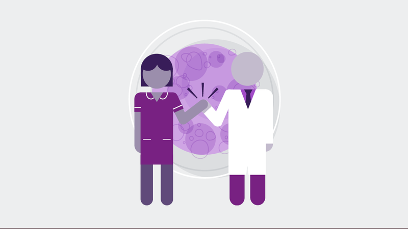 Graphic showing a nurse and scientist stood in front of a large petri dish.