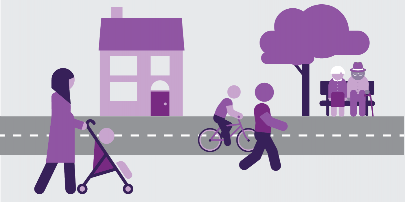 A community, with a road, house, tree, a bench with an elderly couple sat on it, a person cycling, a person walking, a person pushing a pram with a child