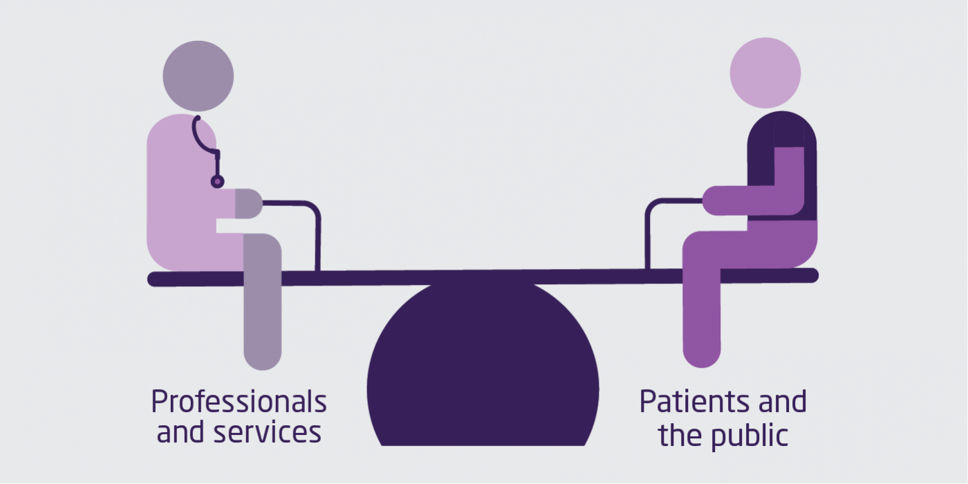 An image of two people on a see-saw, one representing professionals and services, and the other person representing patients and the public