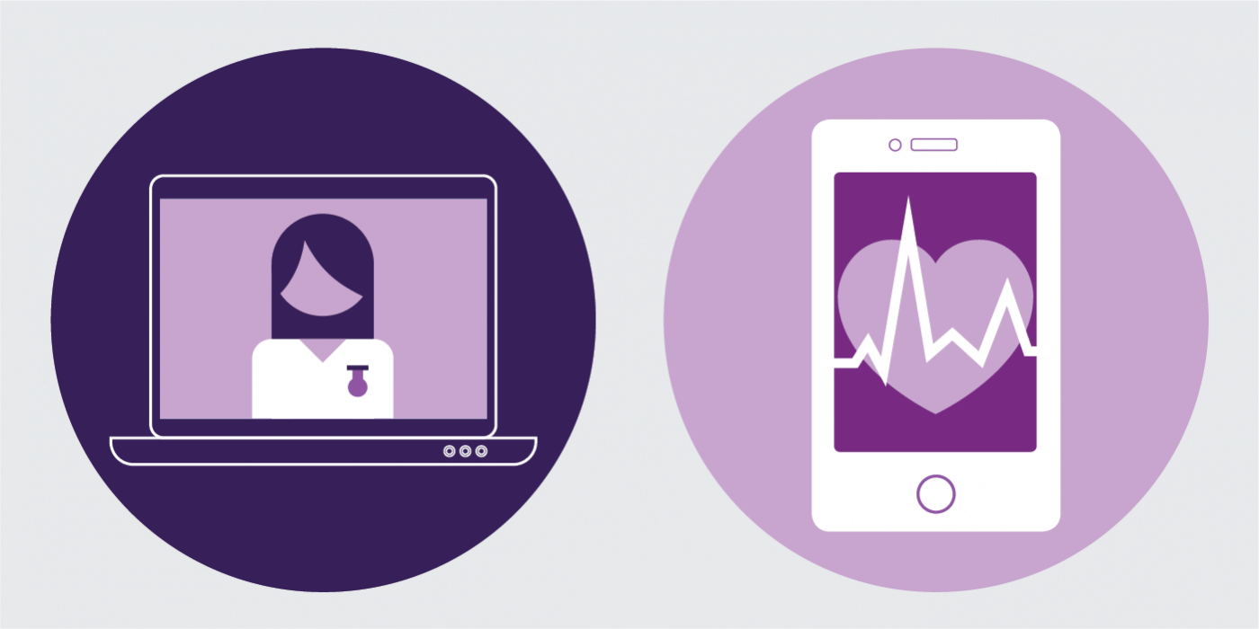 Purple circles containing a laptop and a phone