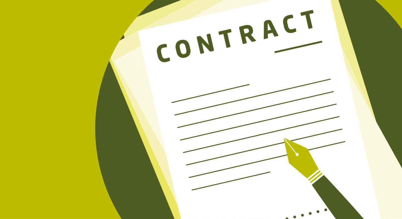 Green image with a clipboard showing a contract