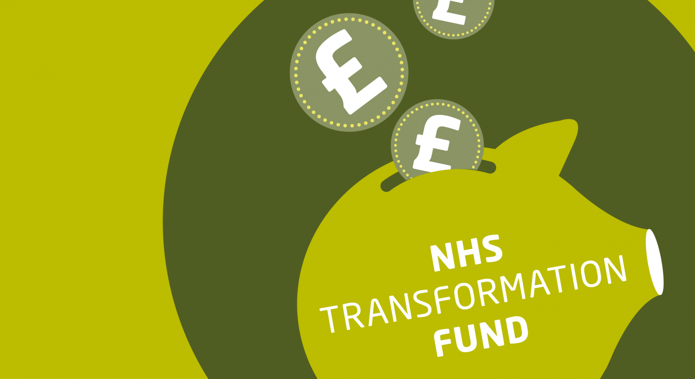 Piggy bank with 'NHS TRANSFORMATION FUND'