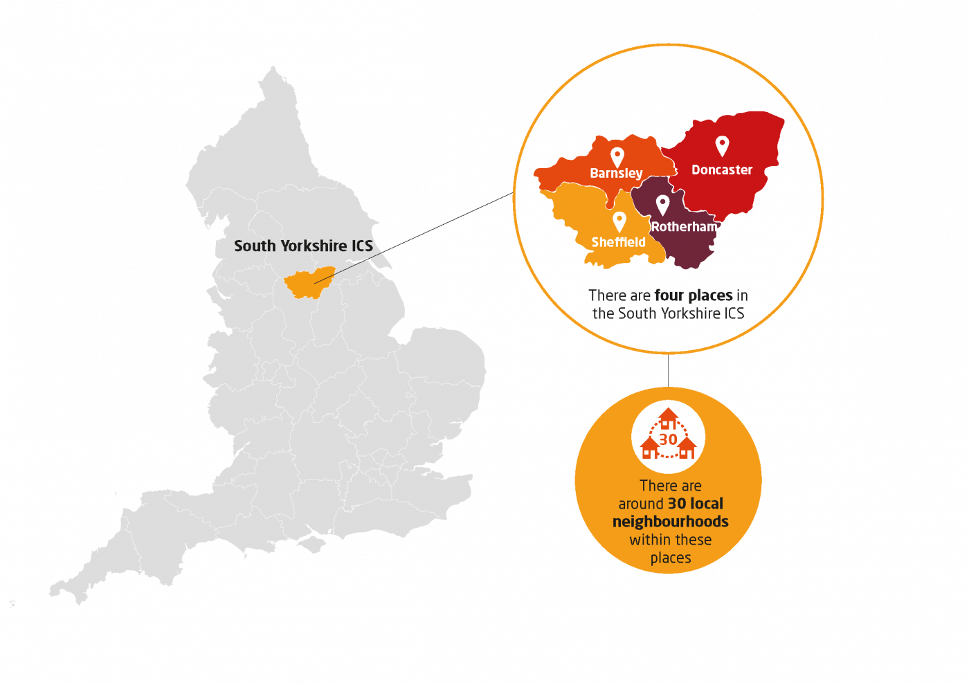 A map showing the integrated care system in South Yorkshire. Made up of 30 local neighbourhoods.