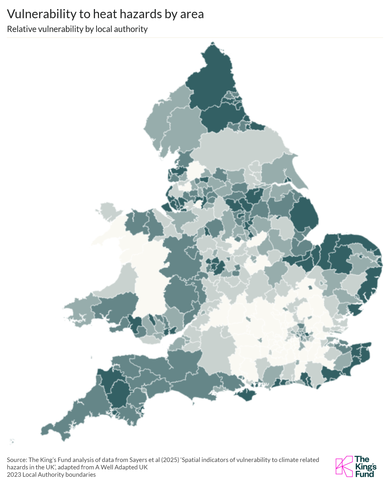Map of England showing varying local authority vulnerability to heat hazards, with darker areas indicating higher vulnerability.