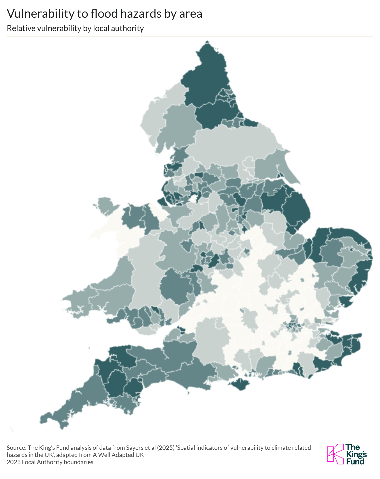 Map of England showing varying levels of vulnerability to flood hazards by local authority, with darker shades indicating higher risk.