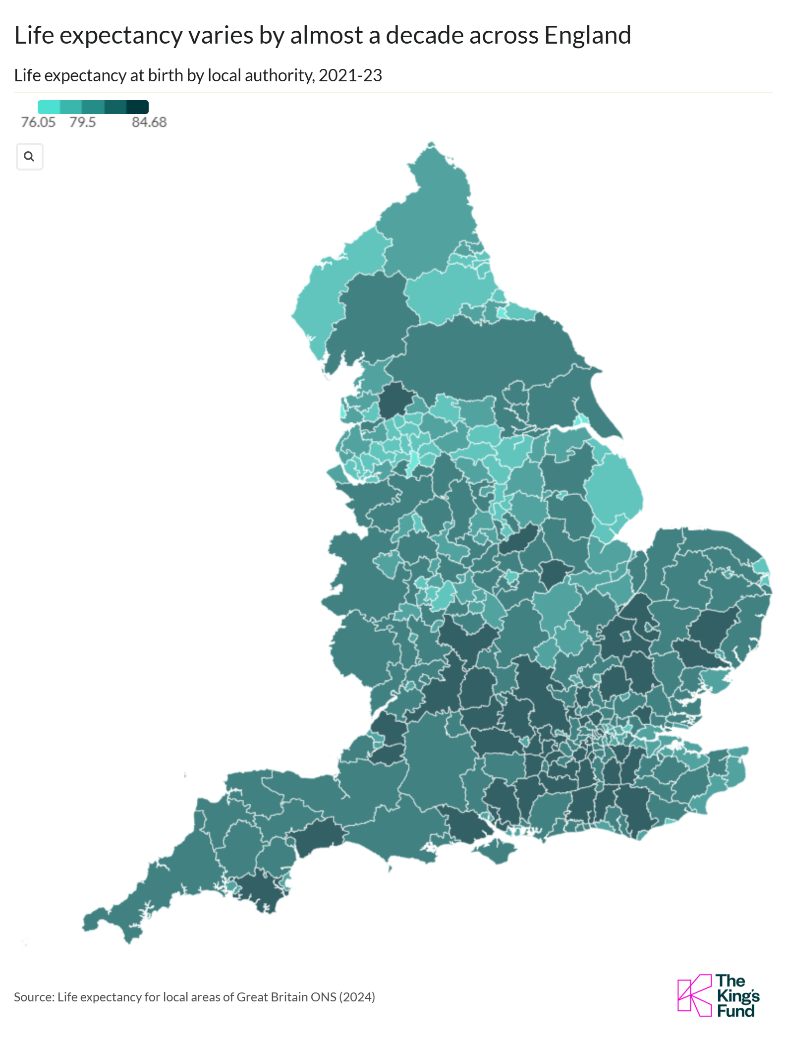 Map of England showing life expectancy at birth by local authority for 2021–23. Areas are shaded from lighter to darker teal to indicate lower to higher life expectancy, ranging from about 76.1 to 84.7 years, highlighting variation of almost a decade across the country.