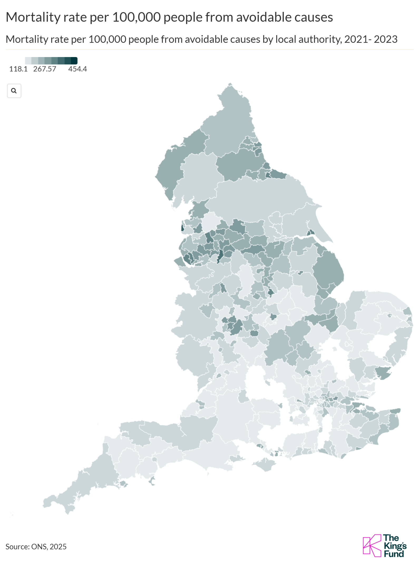 Map of England showing mortality rates per 100,000 people from avoidable causes by local authority, with varying shades indicating different rates.