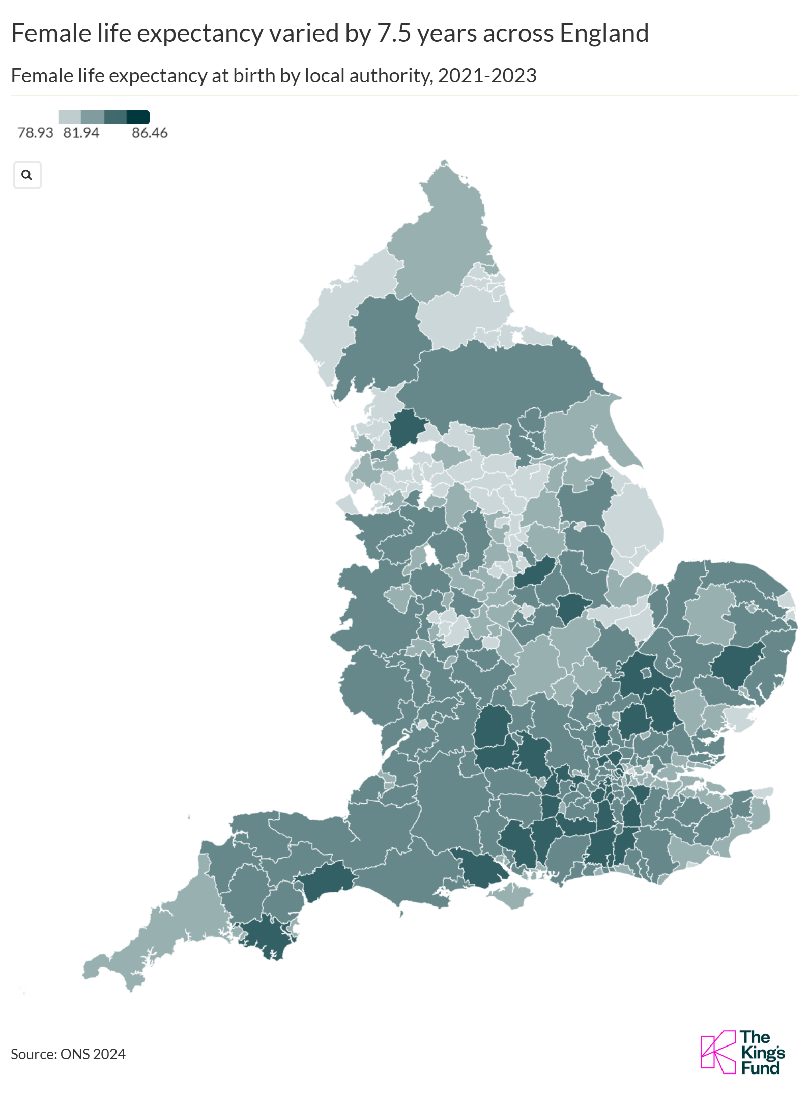 Map of England showing female life expectancy by local authority, 2021-2023, in varying shades of green.