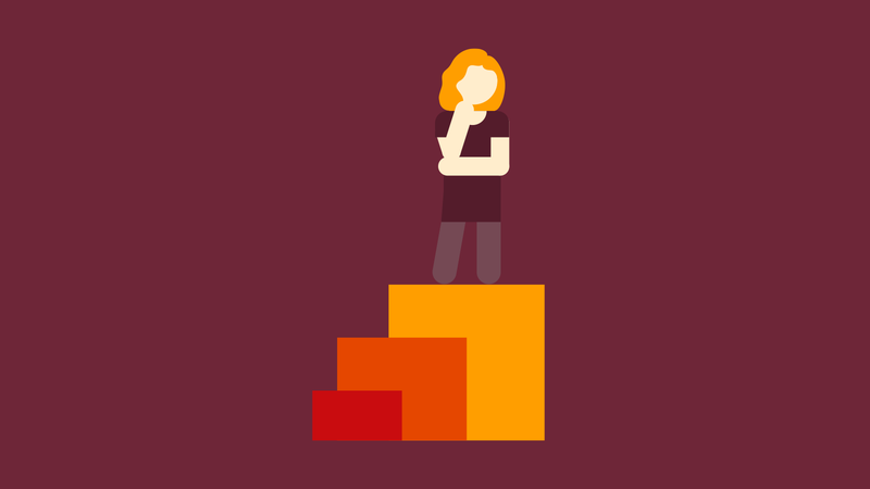 An illustration of a woman standing on top of three squares aligned to represent stairs. She is looking out towards the distance.
