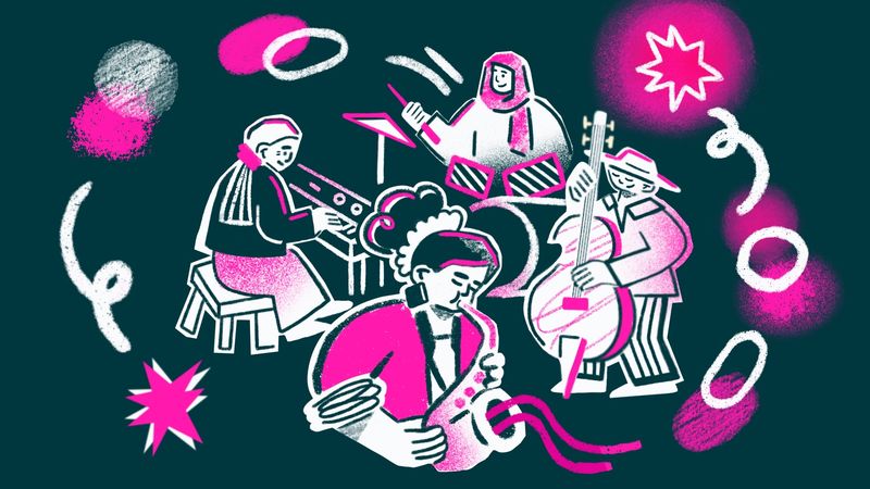 A pink graphic showing a jazz band, featuring a saxophonist, bass player, drummer and piano plauer