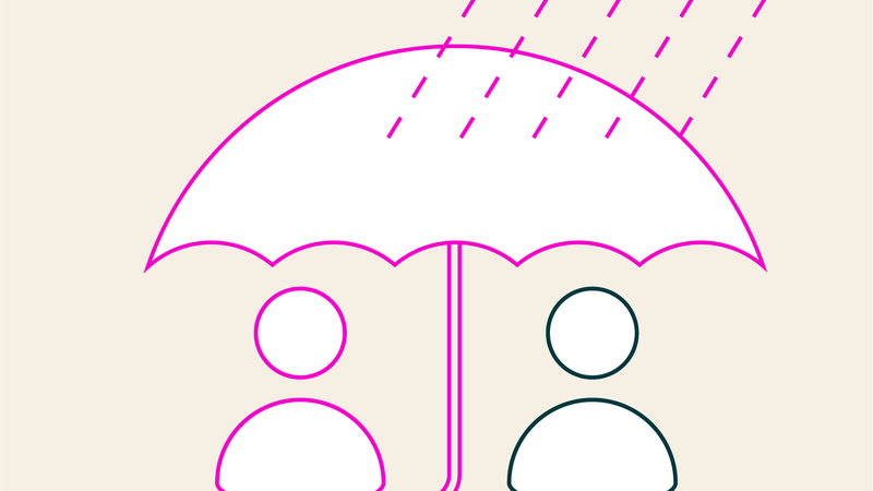 An outline of two stylized figures, one outlined in pink, the other in dark green. Between them is a large umbrella outlined in pink. Rain is depicted falling on the top of the umbrella, as the two figures shelter beneath it.