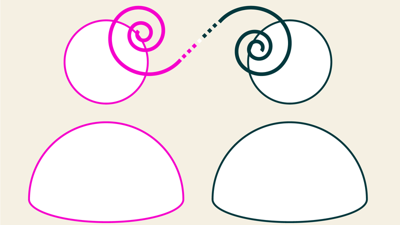 An illustration showing the outlines of two stylized figures, one outlined in pink, the other in dark green. Overlaying the faces of the two figures is a line that curls from one figure to the other, changing from pink to dark green as it does.