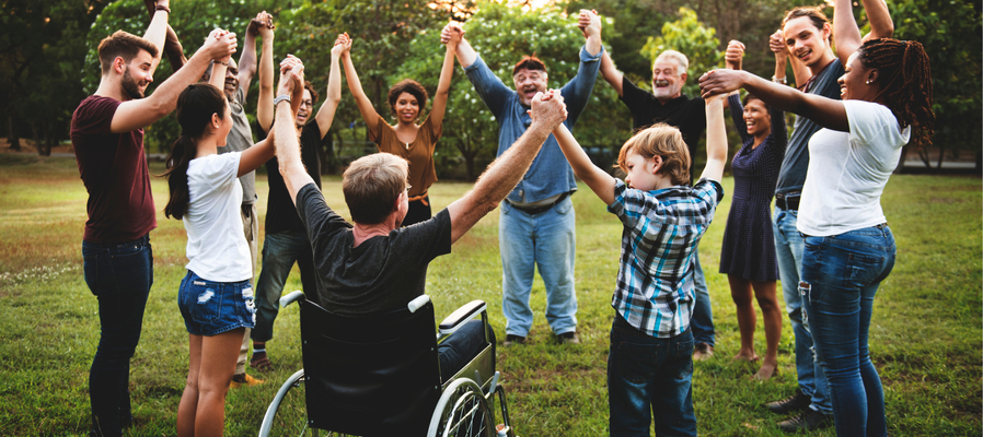 Diverse group of people, including a person in a wheelchair, holding hands and raising arms in a circle outdoors on grass.