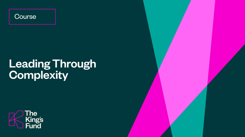 Social card on a dark green packground with two beams of light and the title of a course 'Leading through complexity'