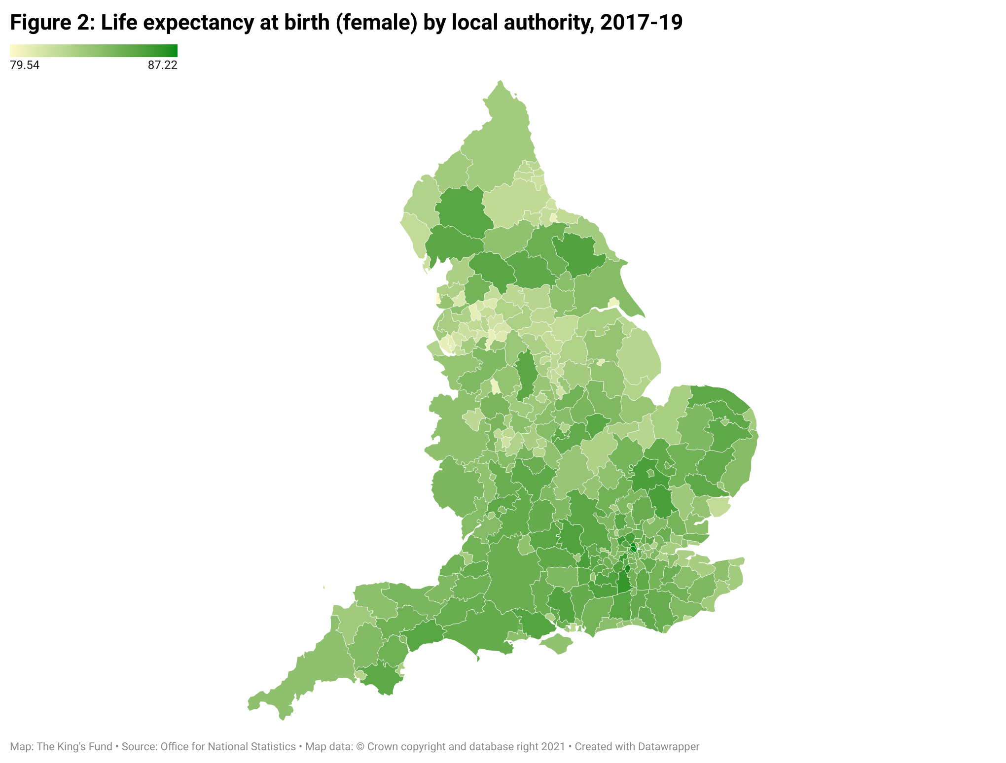 Figure 2: Life expectancy at birth (female) by local authority, 2017-19