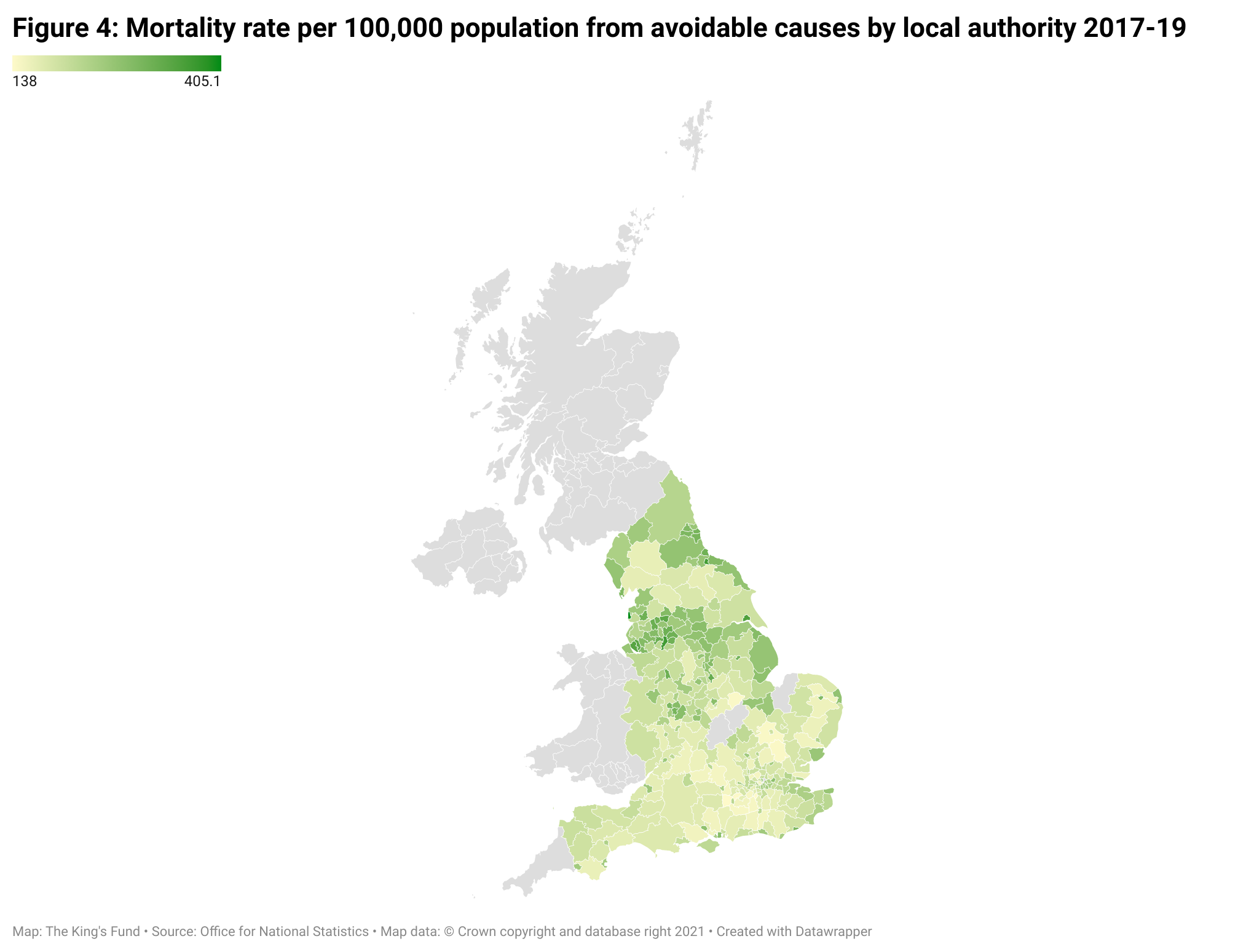 Figure 4: Mortality rate per 100,000 population from avoidable causes by local authority 2017-19