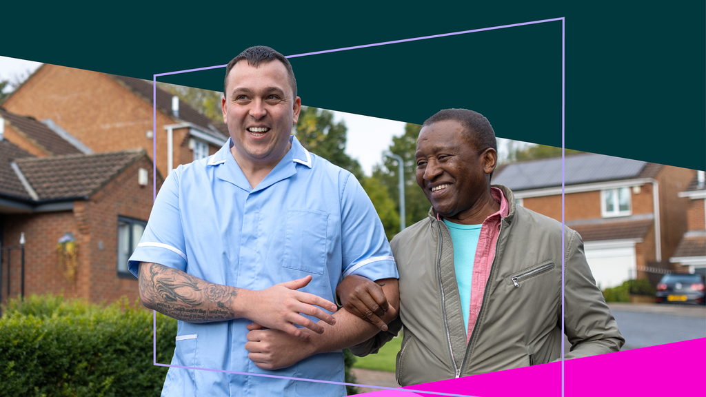 Two men walking along the street together. One of them is a medical professional and another is dressed in everyday clothes.