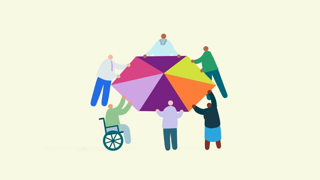 People bringing different parts together to form one shape illustrating how the health and care system is made up of lots of people and parts working together.