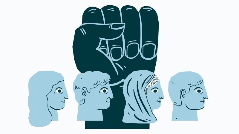 Image of a clenched fist, in front of it four heads looking ahead