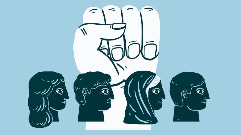 A white hand clasped in a fist, behind four blue heads