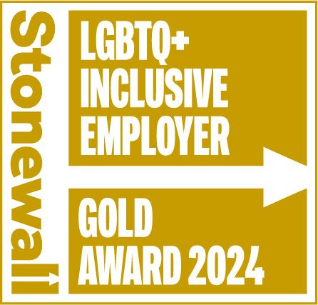 Gold box with the words 'Stonewall LGBTQ+ Inclusive employer Gold award 2024'