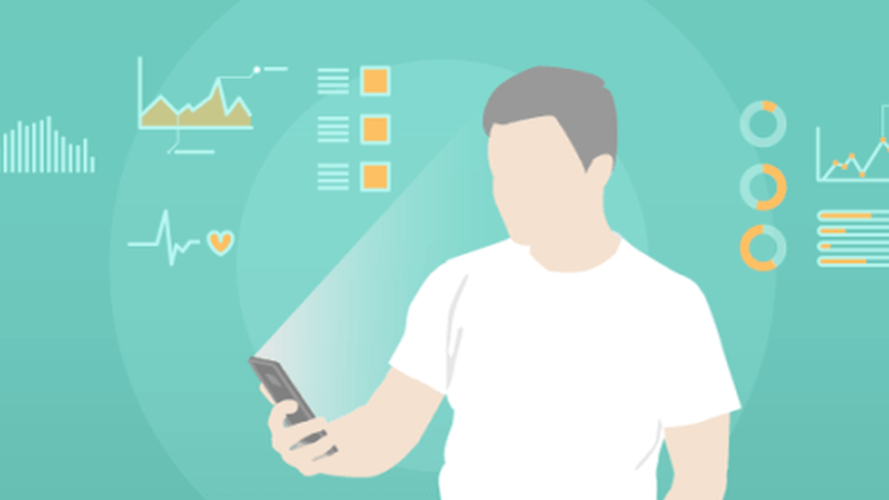 An illustration of someone looking at their phone. They are surrounded by images of data