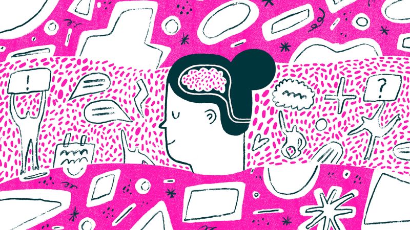 A graphic of a woman wearing a patterned top and her brain is visible in her head