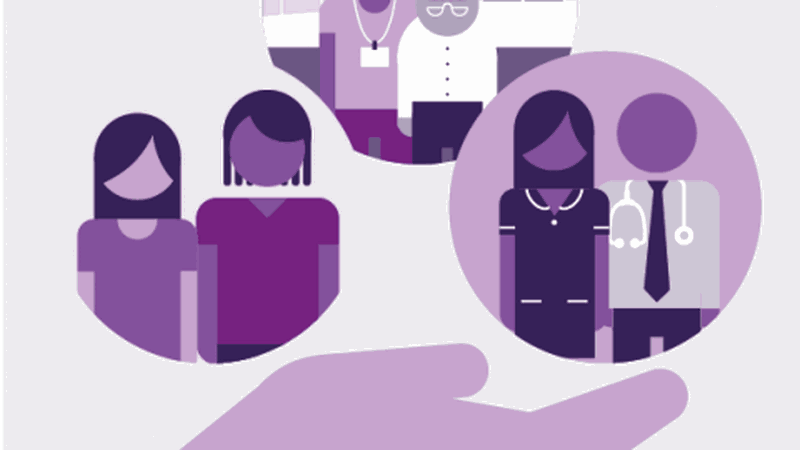 Hand holding a number of images of health and care workers