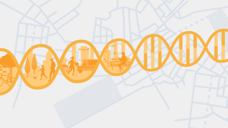 Image of genome sequence, with graphics of people inside the individual genomes