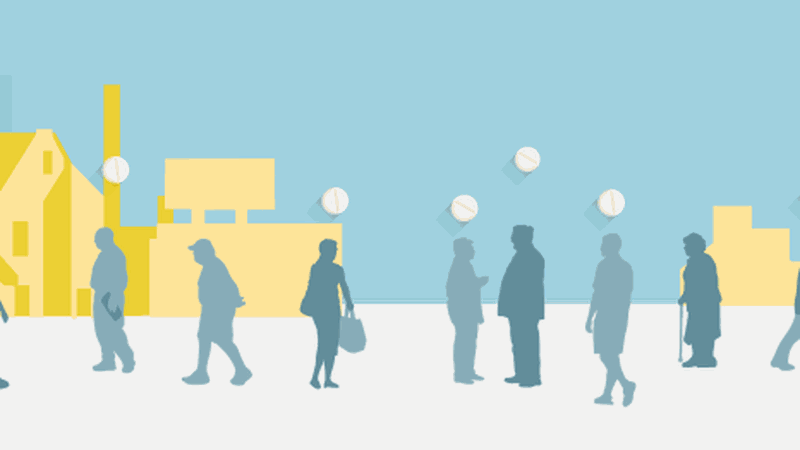 Graphic of people walking in a town, with a single pill above their head