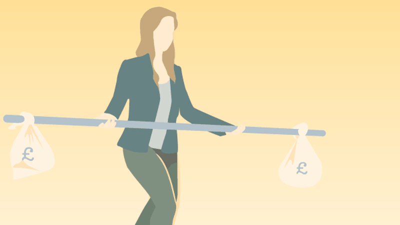 An illustration of a women walking a tightrope using a balancing pole with a bag of money on each end