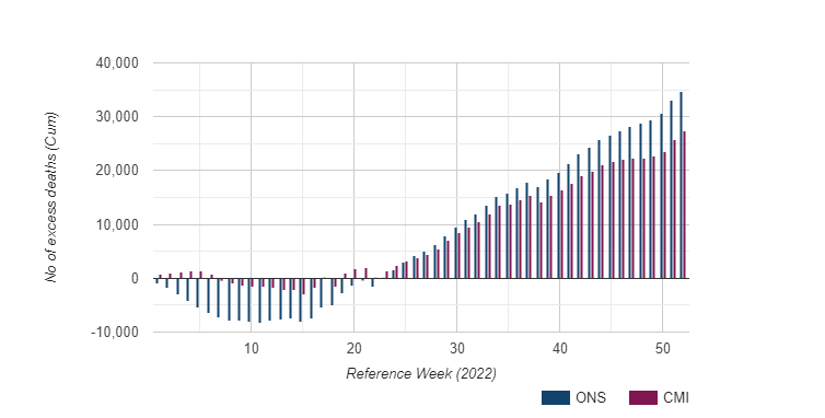 Figure 1:  Cumulative excess deaths, England and Wales, 2022