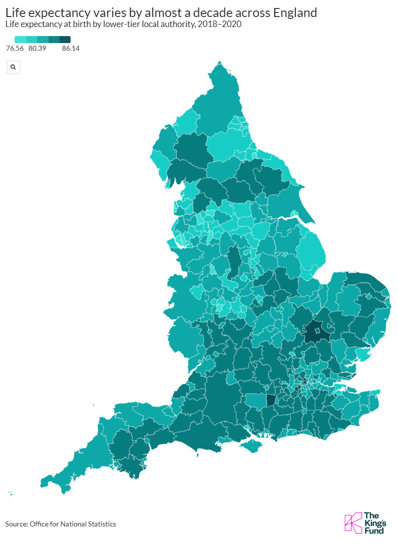 A map showing how life expectancy varies by almost a decade across England.