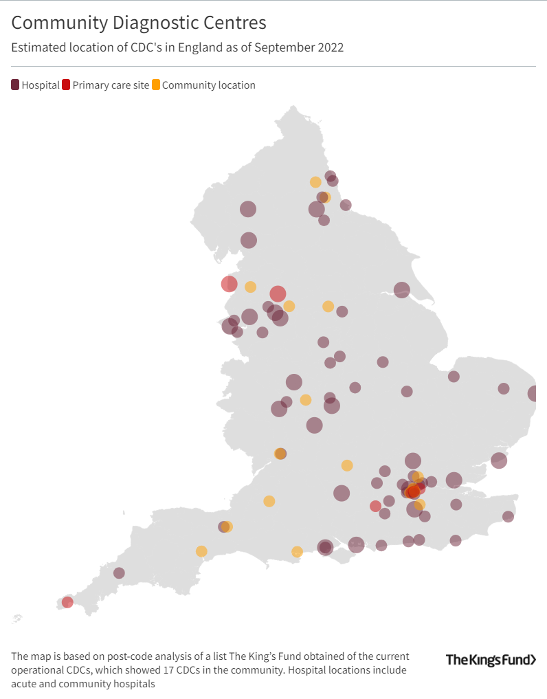 A map showing the location of community diagnostic centres in England