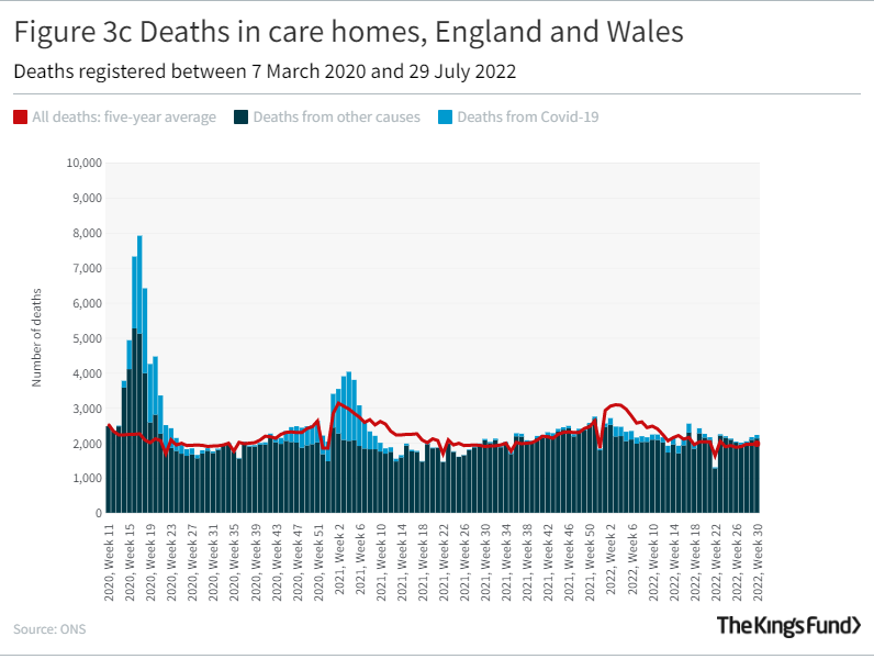Graph showing deaths in care homes in England and Wales in 2020