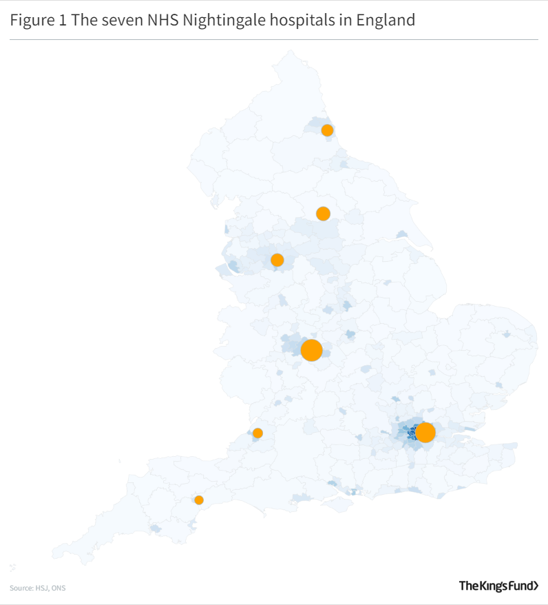 Map showing the seven NHS Nightingale hospitals in England