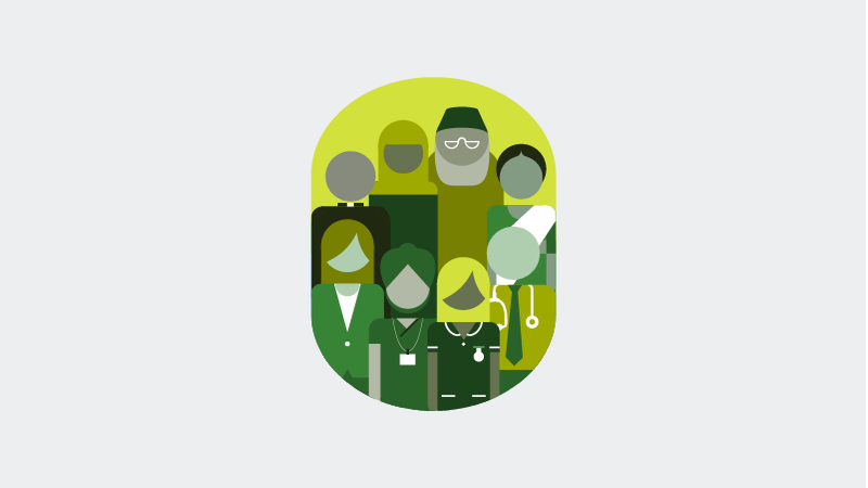 An illustration showing a group of people from different faiths and ethnic backgrounds. At the front of the group are three medical professionals.