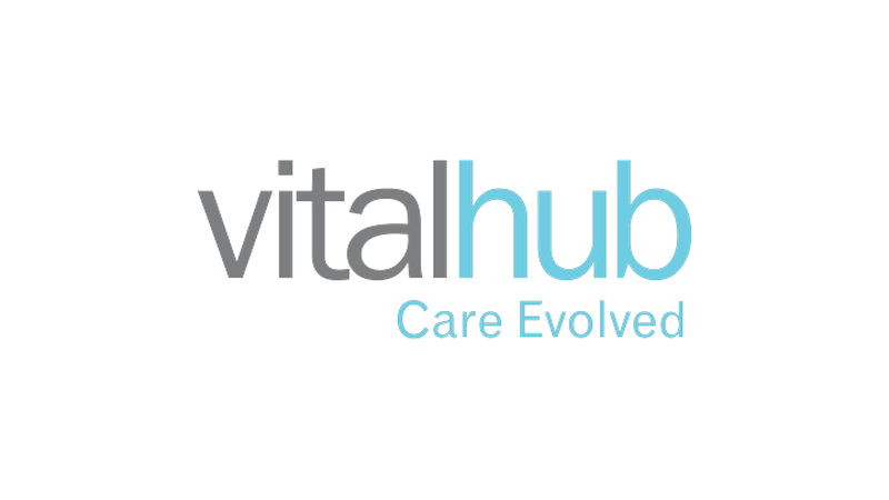 VitalHub logo with "vital" in grey, "hub" in blue, and the slogan "Care Evolved" in smaller blue text below.