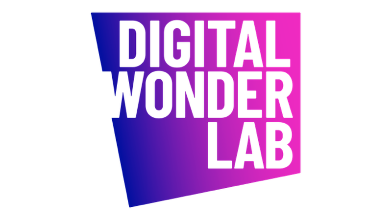 Logo with "DIGITAL WONDER LAB" in bold white text on a diagonal gradient background from blue to pink.