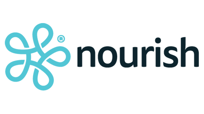 Logo with stylized aqua swirl symbol and the word "nourish" in bold black text.