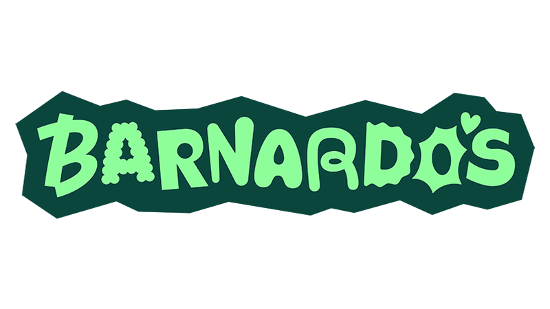 The Barnardo's logo in playful letters. Light green letters on a dark green background.