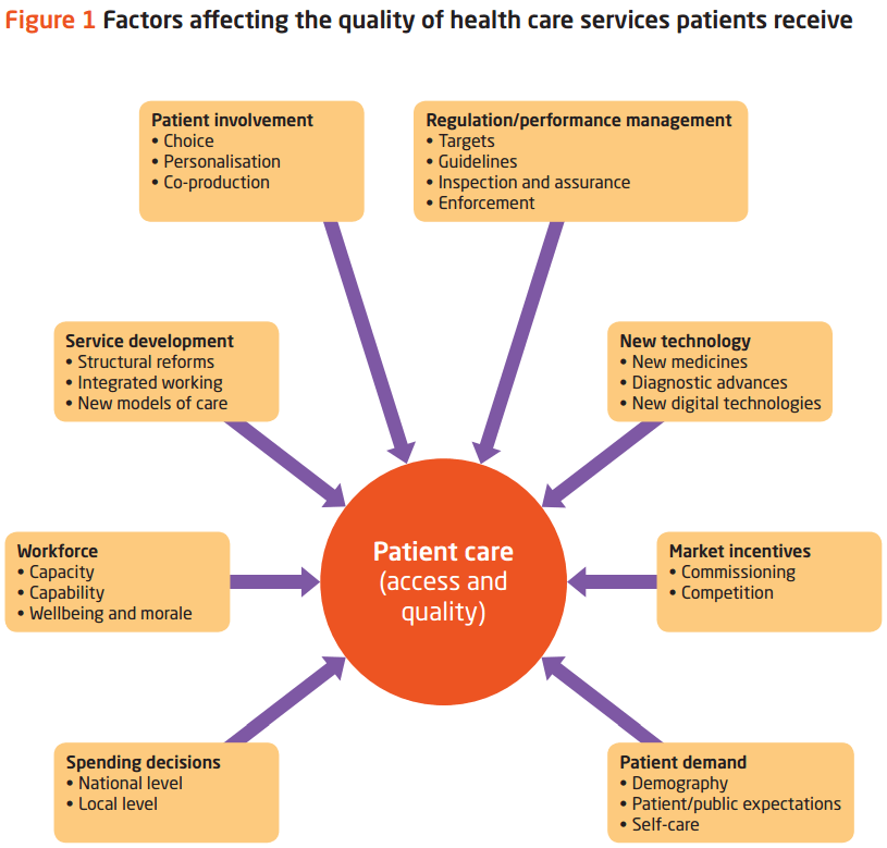 A diagram showing factors affecting the quality of health care services patients receive